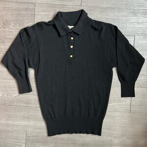 Vtg 80s Ballantyne Cashmere Black 3/4 Sleeve Gold Button Collared Sweater Size S